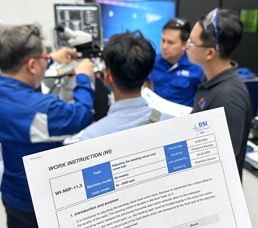 Trainee holding a DSI Laser Academy Work Instruction (WI) document