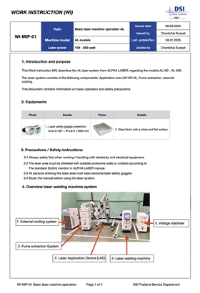 DSI Laser Academy Work Instruction (WI-MIP-01) document: Basic laser machine operation AL