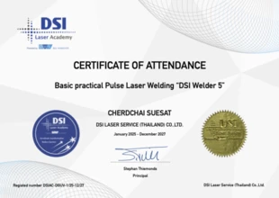 DSI Laser Academy Certificate of Attendance: Basic practical Pulse Laser Welding &ldquo;DSI Welder 5&rdquo;