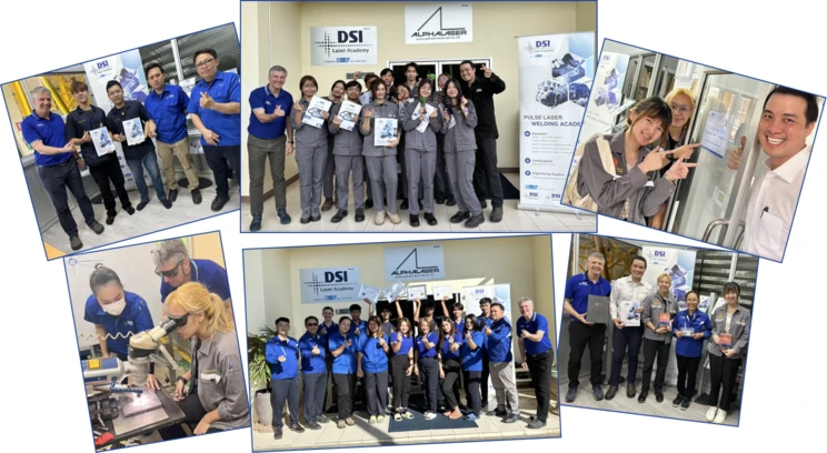 DSI Laser Academy student internship photos: workshop visits, PLW hands-on training, and group photos with DSI Laser Academy and Alpha Laser staff at King Mongkut's University of Technology Thonburi