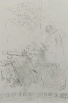 Pencil sketch draft of the Yoda and Darth Vader painting