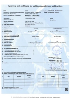 Approval test certificate for welding operators of weld setters certification acc. to ISO