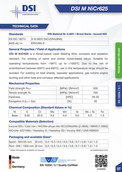 DSI M NiCr625 laser welding wire technical datasheet
